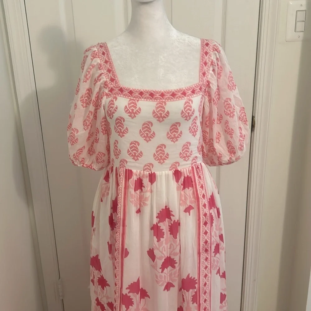 Tuckernuck Oliphant Puff Sleeve Midi Dress in Jaipur Pink & White NWT Size XS - Picture 8 of 14